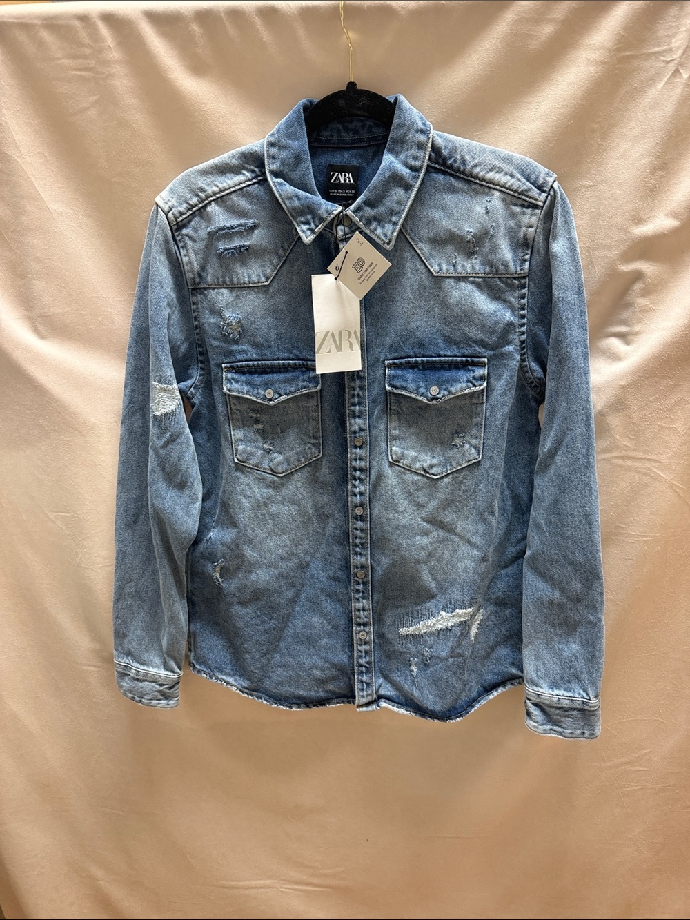 (NWT) ZARA Light Blue Distressed Denim Shirt Jacket